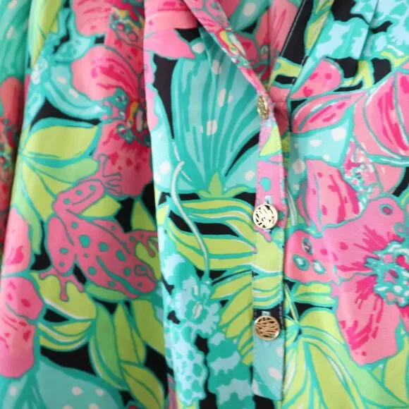 Lilly Pulitzer Size S 100% Silk Elsa Skip On It Top Blouse Frogs Floral - Picture 7 of 13